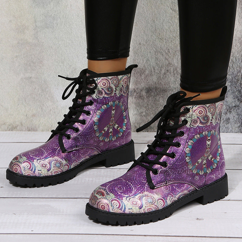 Winter Short Lace-up Soft Leather Printed Boots
