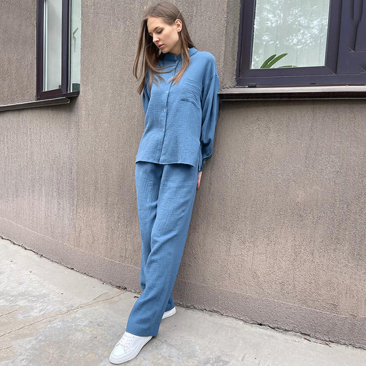 Womens Loose Crepe Cotton Long-Sleeve Top And Pants Two-Piece Set