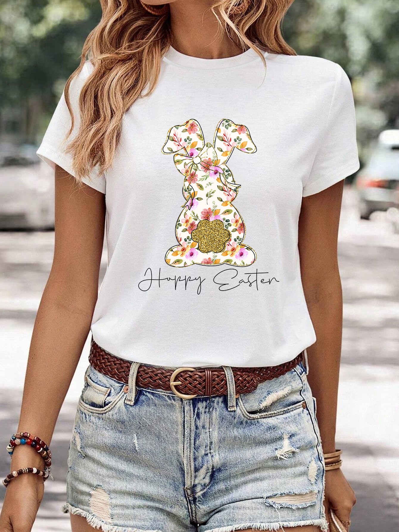 Kvinders minimalistiske afslappede T-shirt med print og rund hals