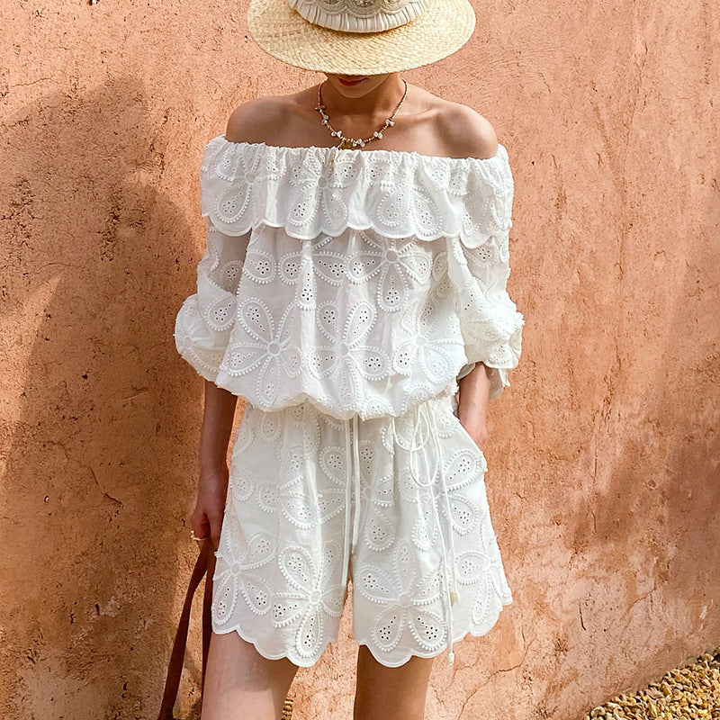 Off-Shoulder Top And Womens Long-Sleeve Hollow-Out Shorts Set