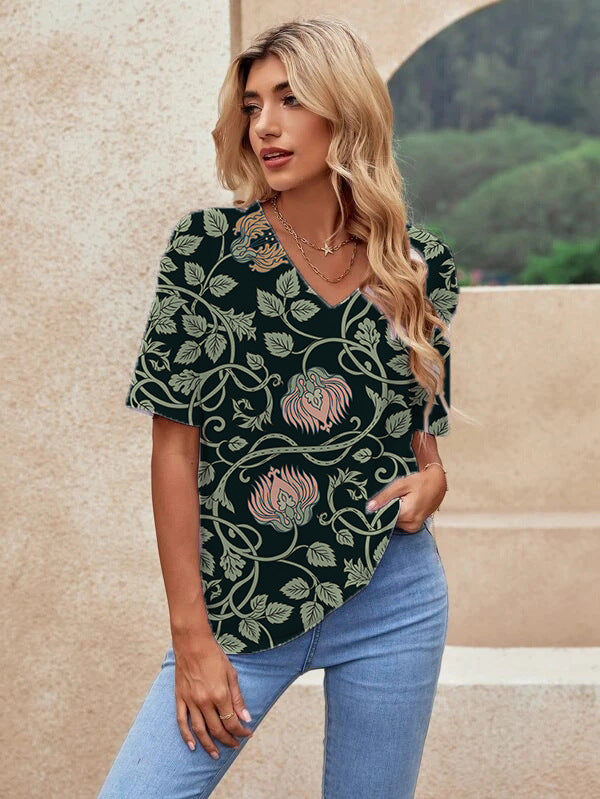 Printed Short Sleeve Urban Loose Casual Women's V Neck T Shirt