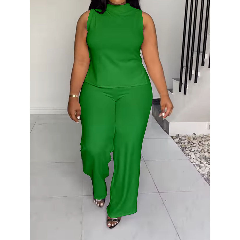 Solid Color Casual Sleeveless Trousers Suit