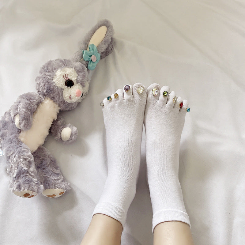 Five Finger Socks With Diamonds Summer Thin Crystal Mid Tube Split Toed Socks
