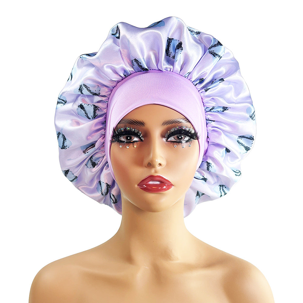 Wide-brimmed Satin Nightcap Printed Round Cap Cross-border New Arrival Printed Home Hat Soft Shower Cap Plus-sized