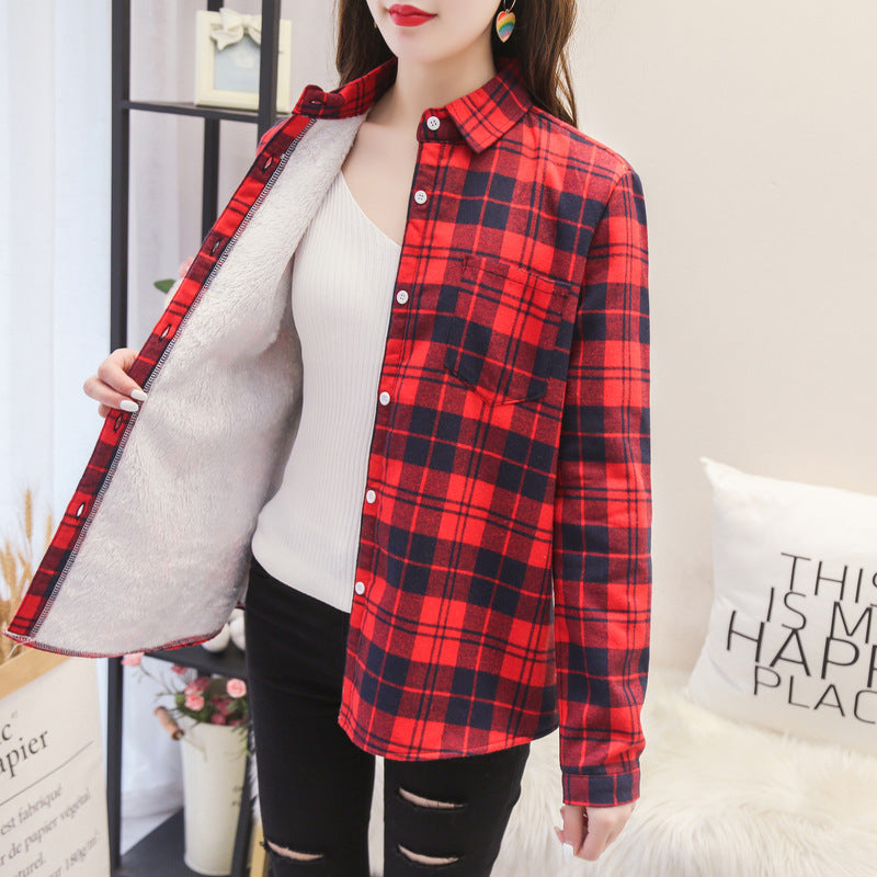 Thicken Plus Velvet Plaid Shirt Women Retro