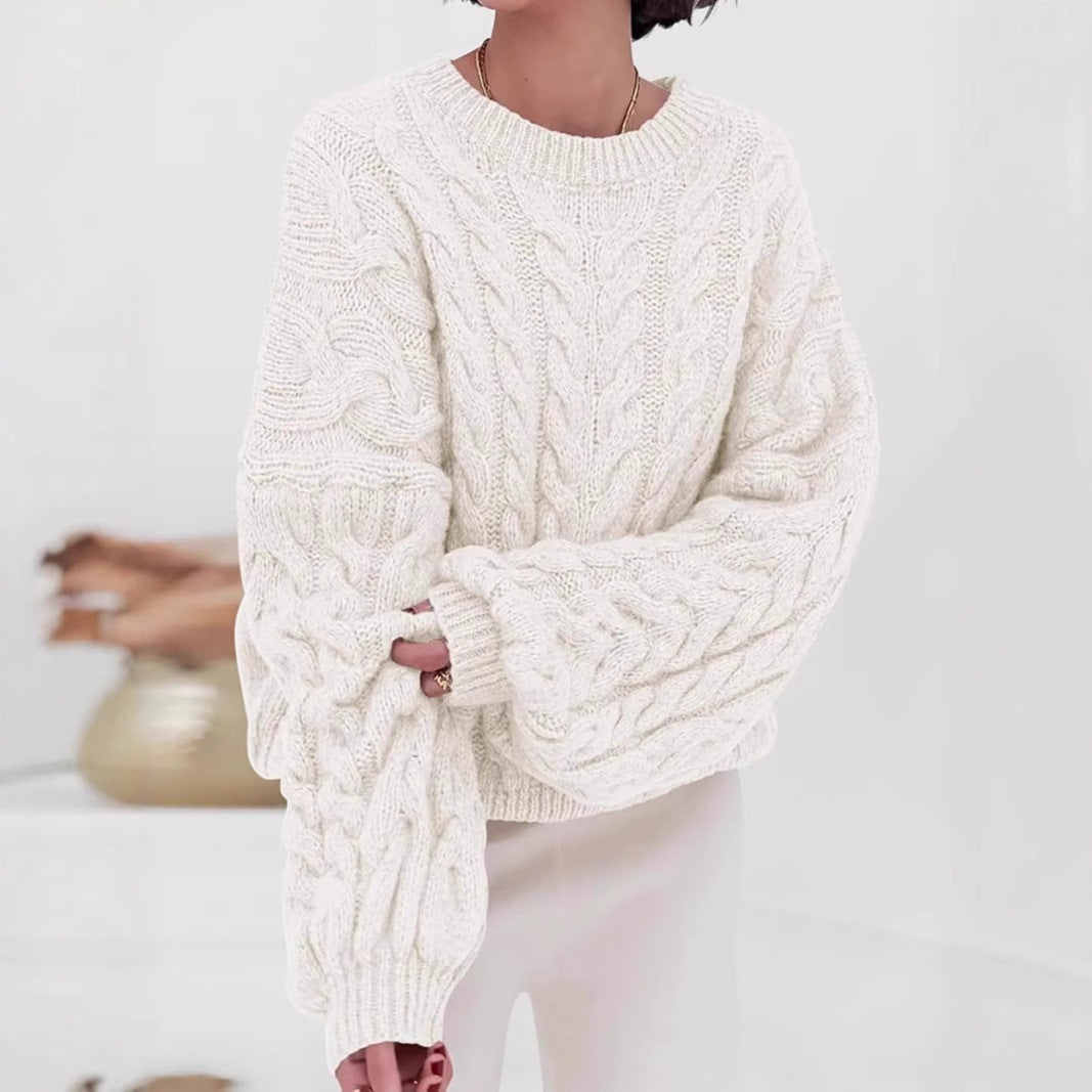 Thick Needle Hemp Flower Loose Pullover Round Neck Long Sleeve Sweater