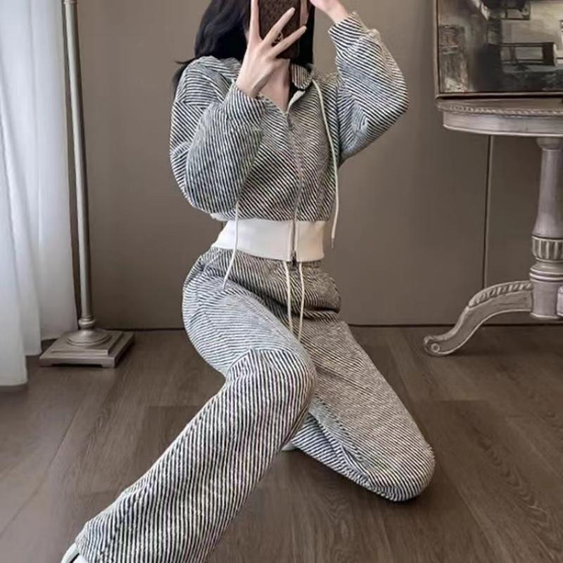 Overseas Temperament Slim Hooded Cardigan Wide-leg Pants Two-piece Set