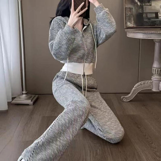 Overseas Temperament Slim Hooded Cardigan Wide-leg Pants Two-piece Set
