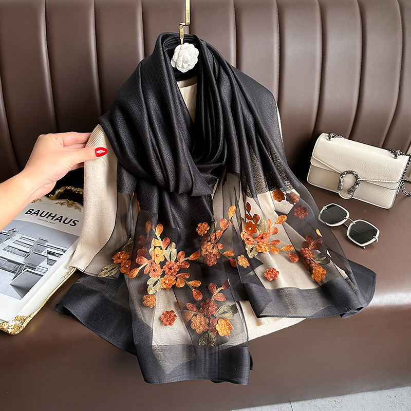New Arrival Exquisite Silk Embroidered Scarf Long Style For Autumn And Winter