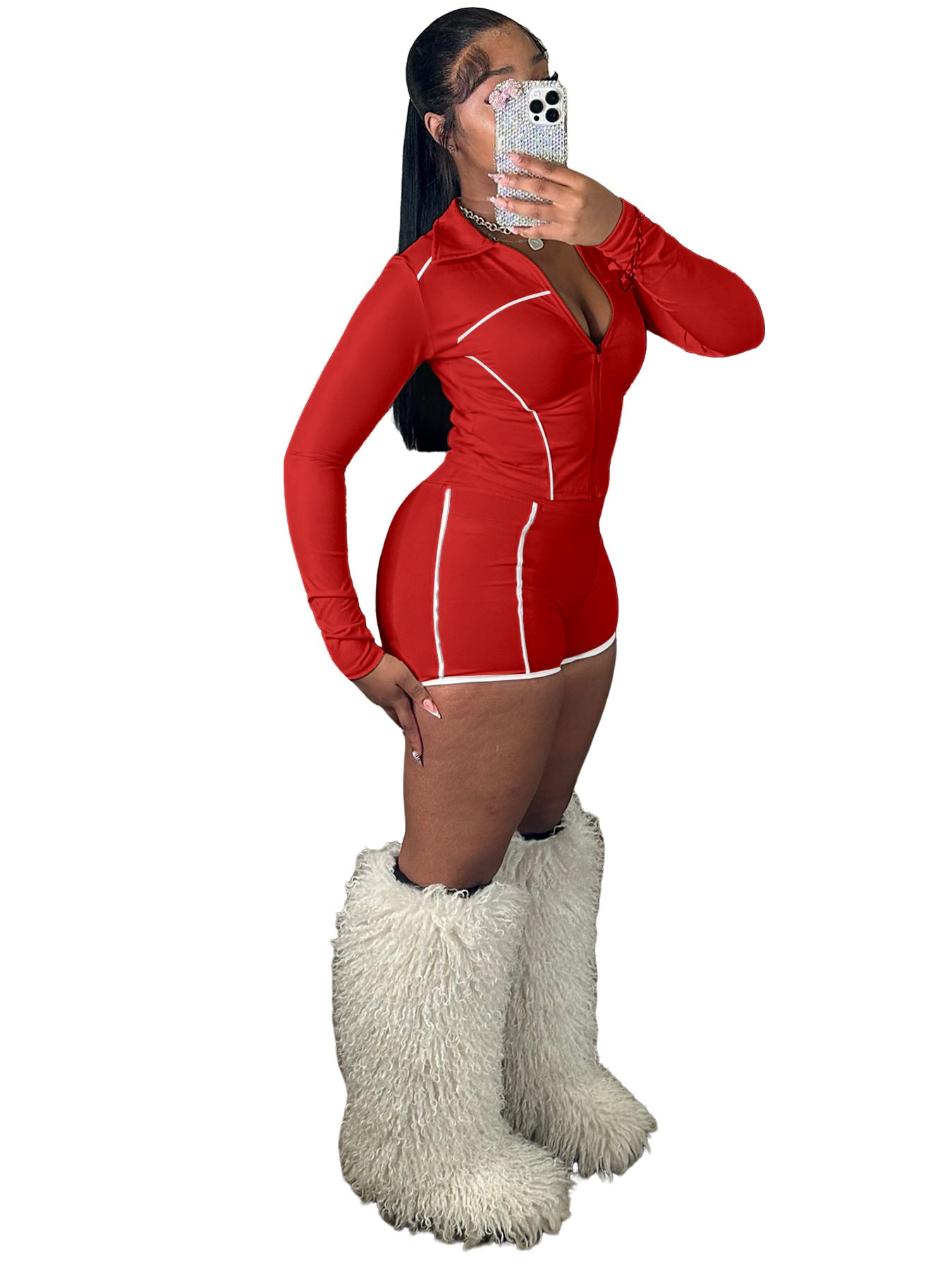 Womens Slim-Fit Zippered Long-Sleeve Top And Shorts Two-Piece Set