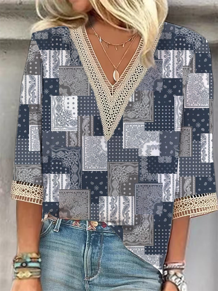 Women's Loose New Multi-color Floral Print Stitching Lace Mid-sleeve V-neck T-shirt