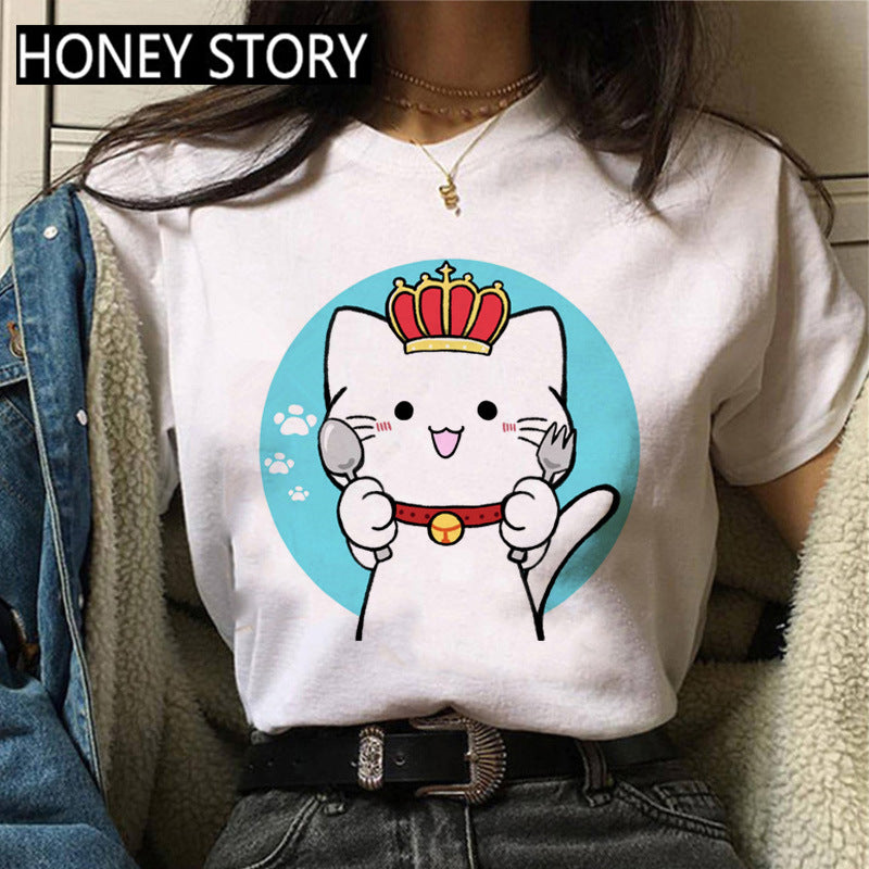 Kitten Print Round Neck Women's Loose Short Sleeve T-shirt