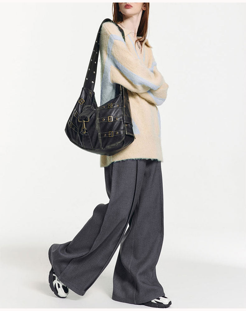 Tote Underarm Shoulder Portable Retro Large Capacity Commuter Black Bag