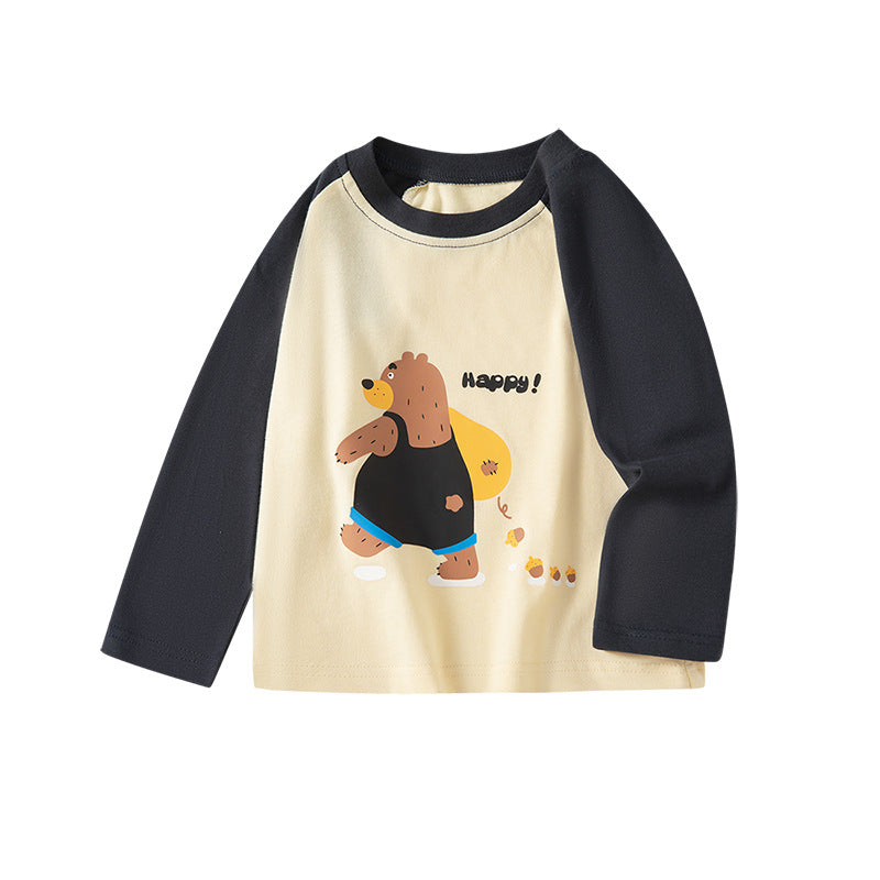 Children's Pure Cotton Long-sleeve T-shirt Crew-neck Top Cartoon Pullover With Set-in Sleeves