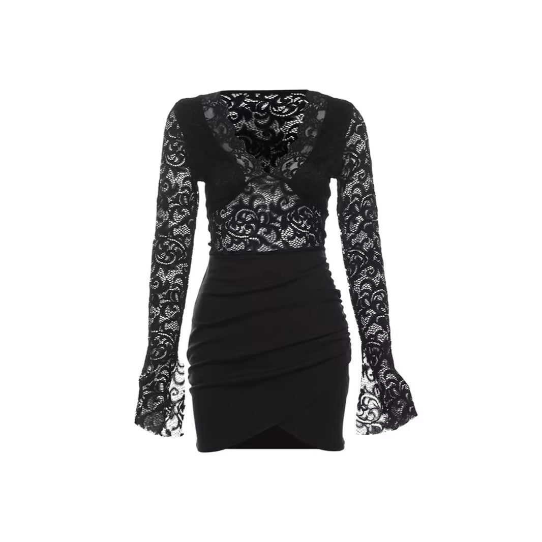 Womens Celebrity Style Sexy Lace See Through V Neck Bodycon Dress