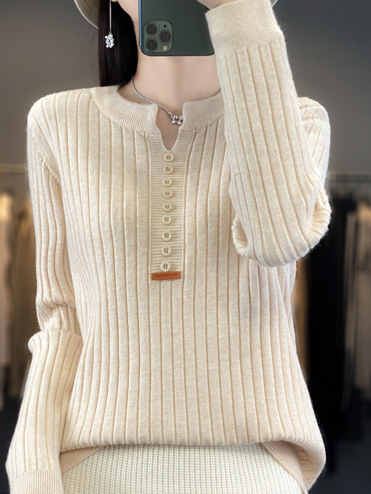 Long Sleeve Round V-neck Sweater Solid Color