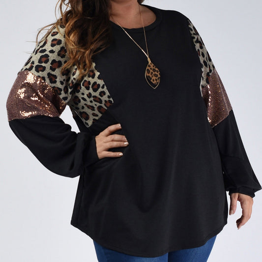 Plus Size Loose Slim Fit Leopard Floral Print Long Sleeve Pullover