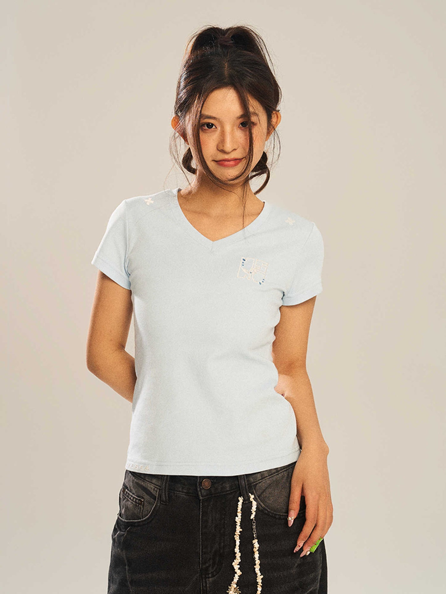 New Summer Sequin Lines All-match V-neck Slim-fit Short-sleeved