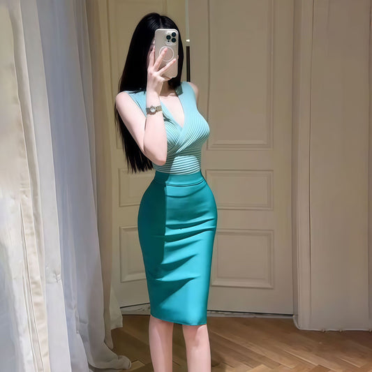 French-style Sexy Sleeveless Figure-flattering Waist-cinching Top And Bodycon Skirt Set