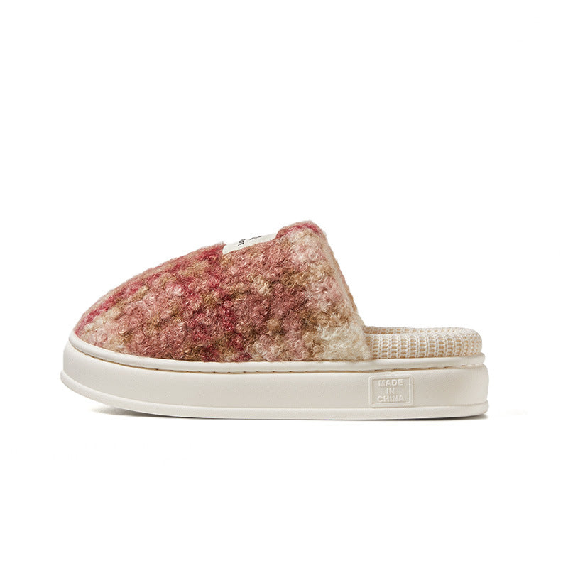 Winter Home Warm Antibacterial Retro Plaid Fleece-lined Thick Slippers