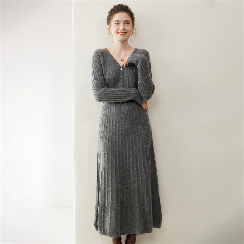 Half-zip Knitted Ribbed V-neck Maxi Dress That Falls Below The Knee