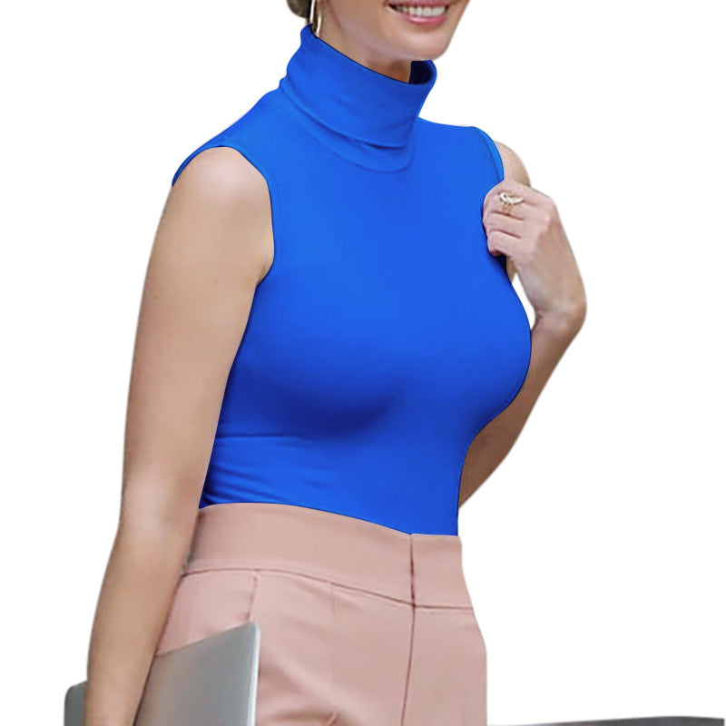 Women's Turtleneck Sleeveless Stretch Cotton T-shirt Vest