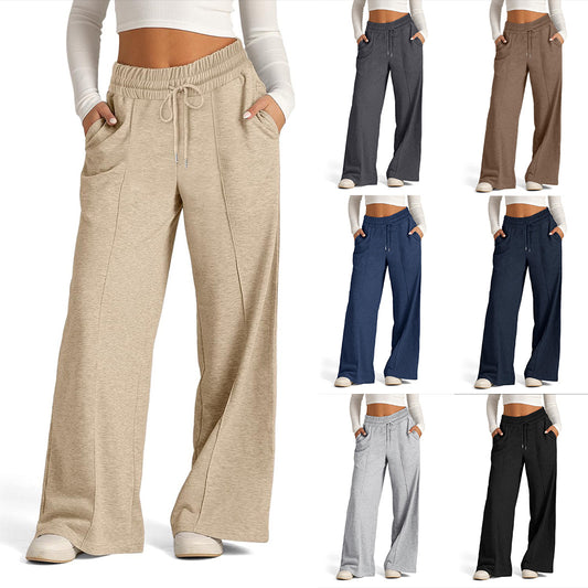 Women's Lace-up Solid Color Waist Tight Fashion Wide-leg Casual Pants