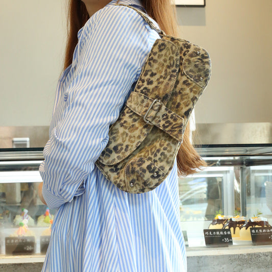 Womens Distressed Leopard-print Underarm Bag Asymmetric Single-shoulder