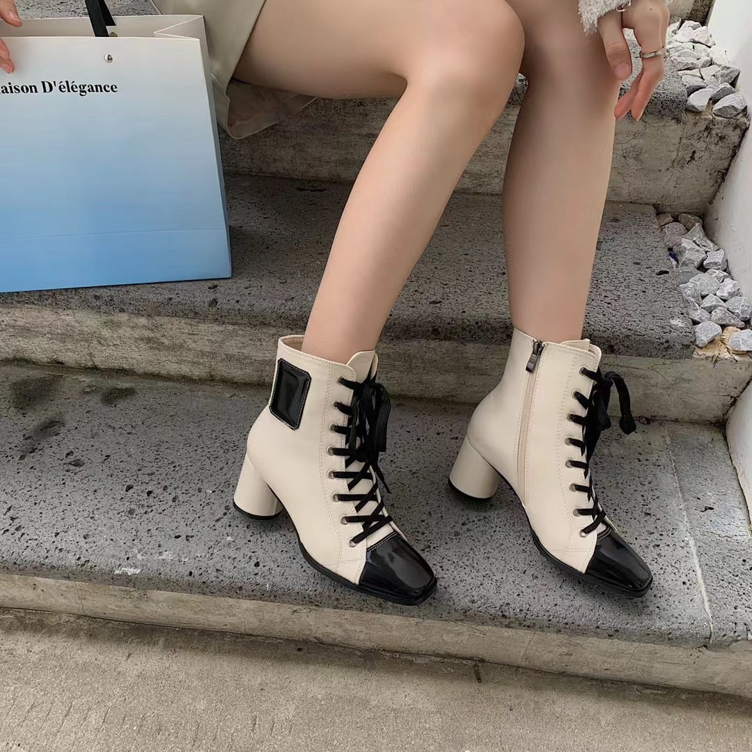 Women's New Square Toe Thick High-heeled British Style Martin Boots