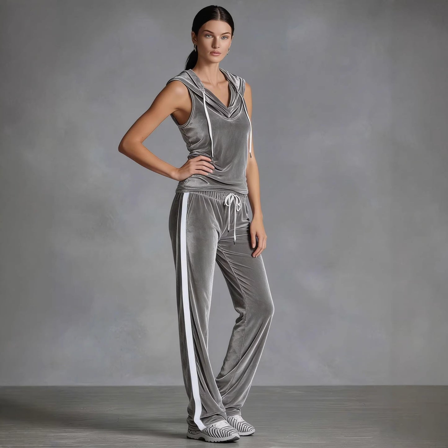 Velvet Womens Fashion Wide-Leg Pants Sports Suit