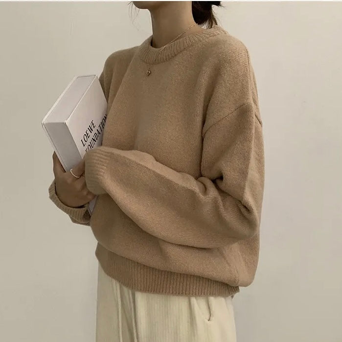 Red Sweater Round Neck Pullover Pure Color Minimal Versatile Sweater