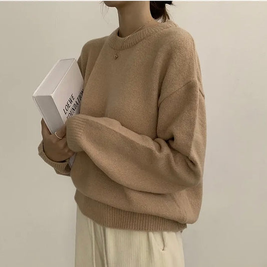 Red Sweater Round Neck Pullover Pure Color Minimal Versatile Sweater
