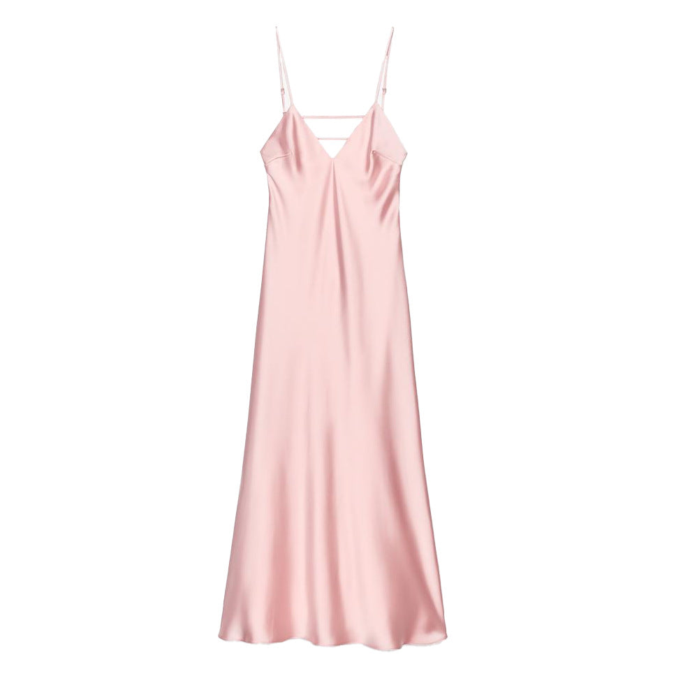 Silk Textured Solid Color Long Suspender Dress