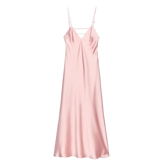 Silk Textured Solid Color Long Suspender Dress