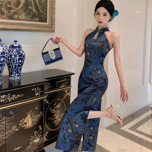 Womens Retro Printed Cheongsam Dress