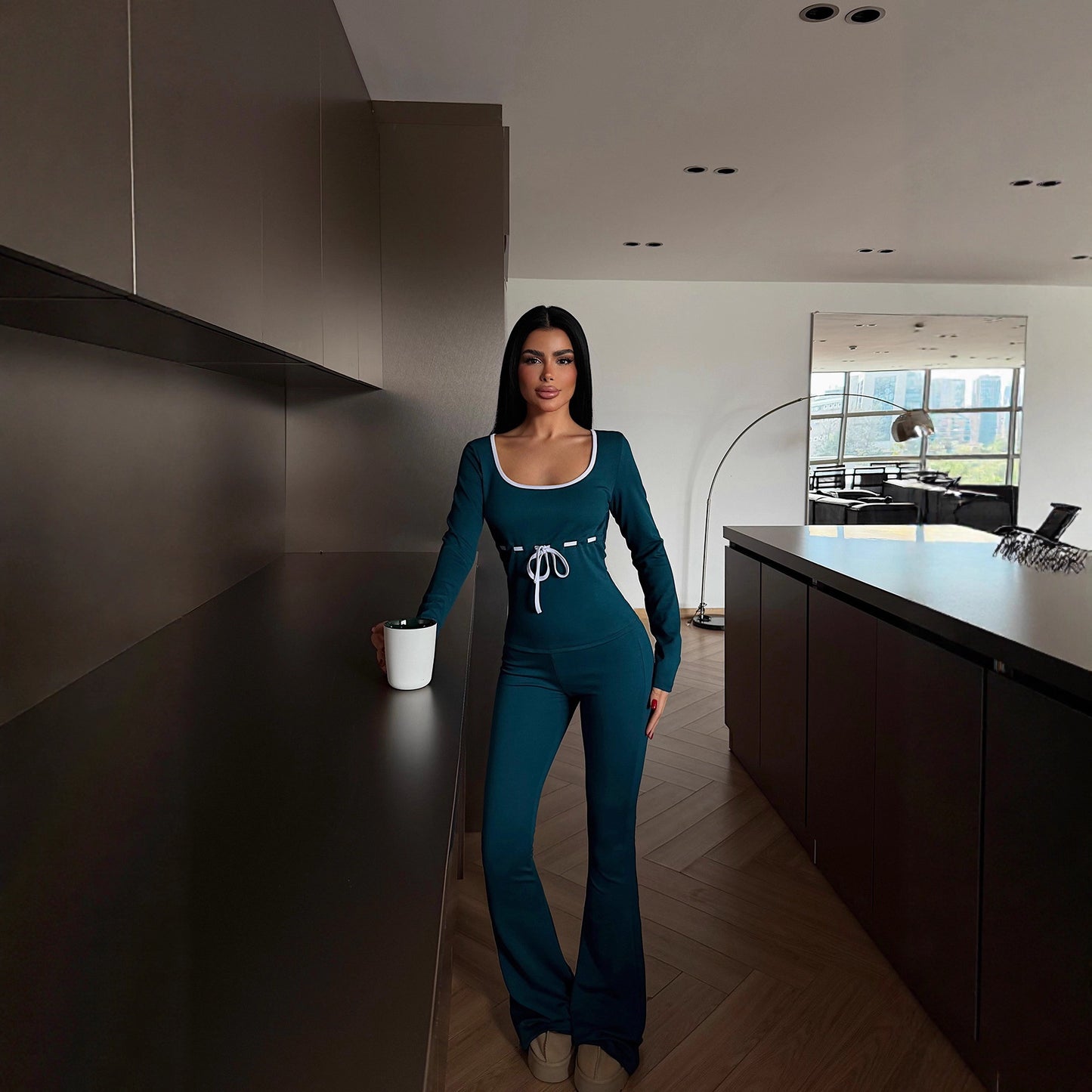 Long-sleeve Drawstring Top And Floor-length Pants Two-piece Set