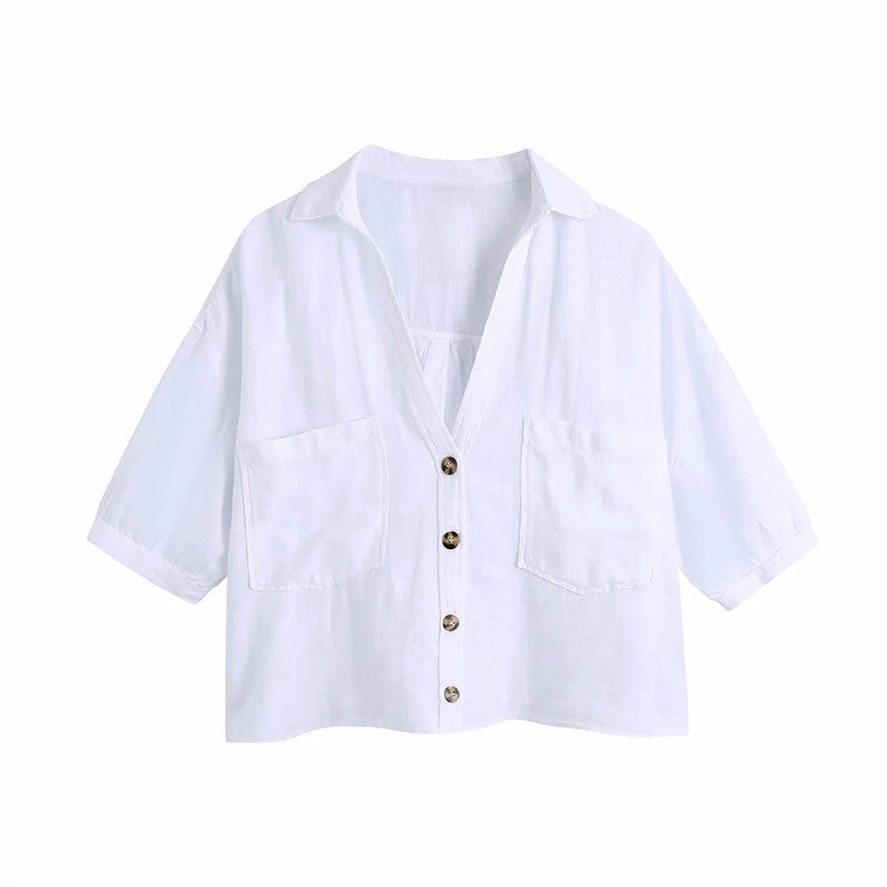 Women's Summer Solid Color Lapel Casual Short Shirt Top