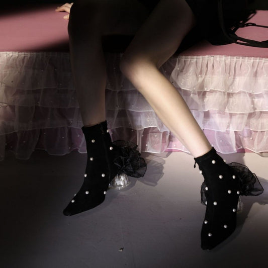 Fashion Lace Pearl Female Pointed Thick Heel Black Short Boots