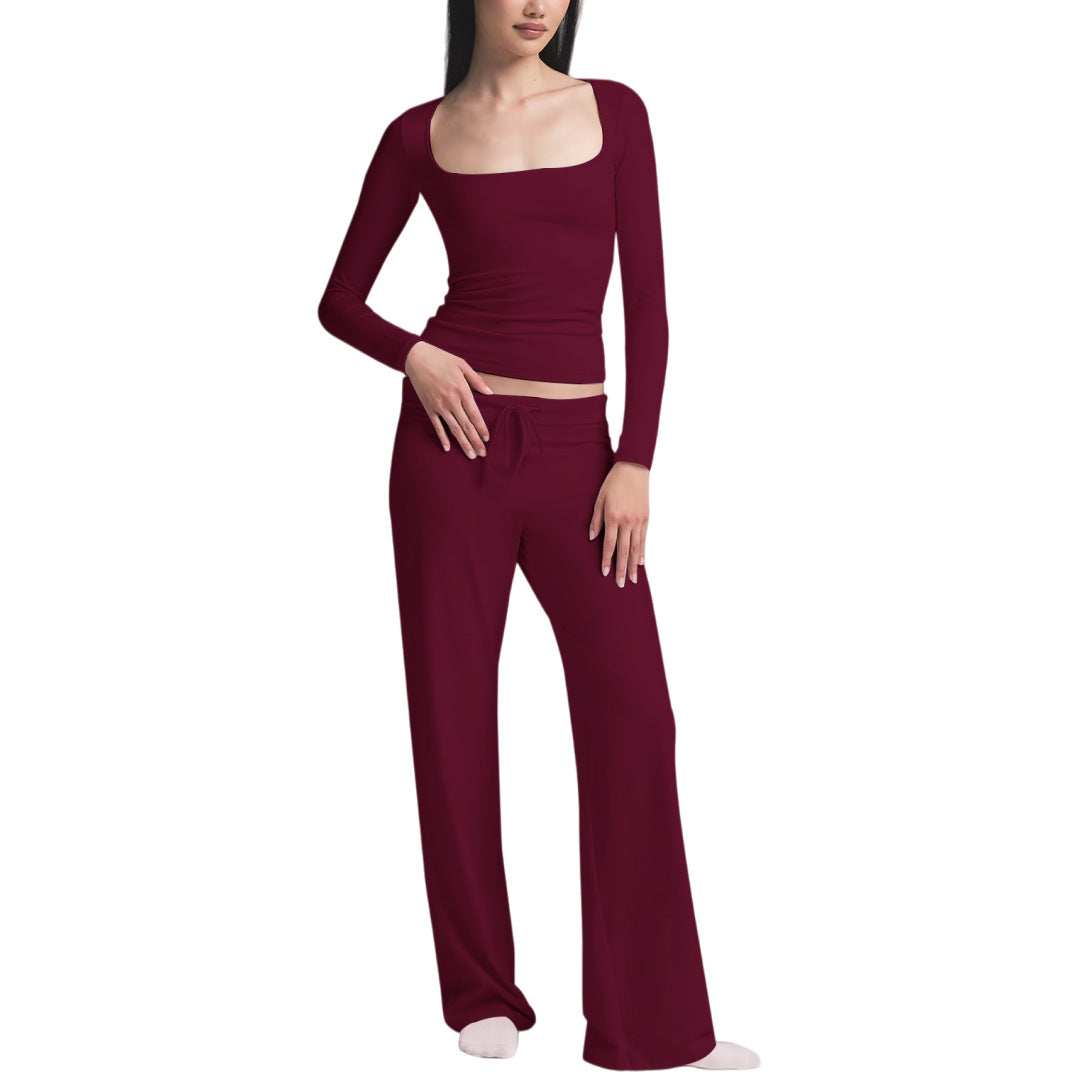 Women's Long-Sleeve Square-Neck Top And Yoga Pants Two-Piece Set