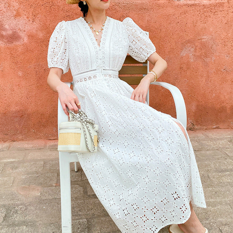 Short-sleeve Hollow-out Embroidered Slim-fit Midi Dress