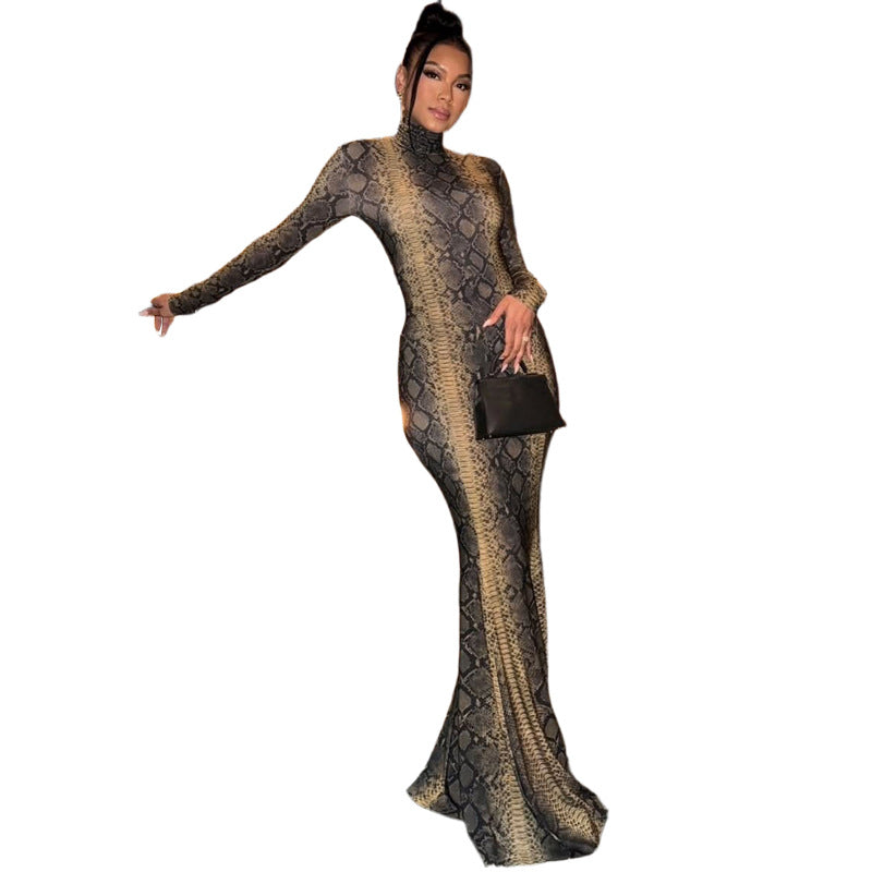 Womens Fashion Street-Style Printed Turtleneck Long-Sleeve Dress