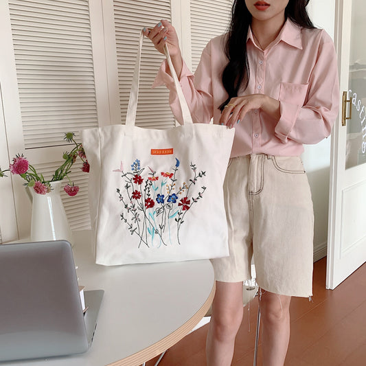 Korean Version Embroidered Flower Canvas Bag Ins Lazy Style Art College Students