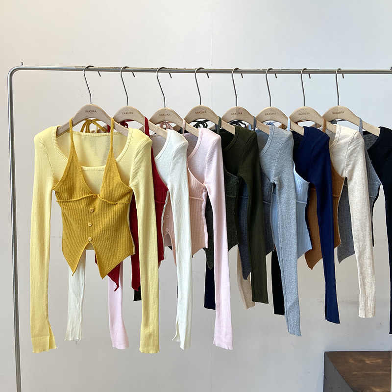 Halter False Two-piece Patchwork Long Sleeve Knitwear T-shirt Top