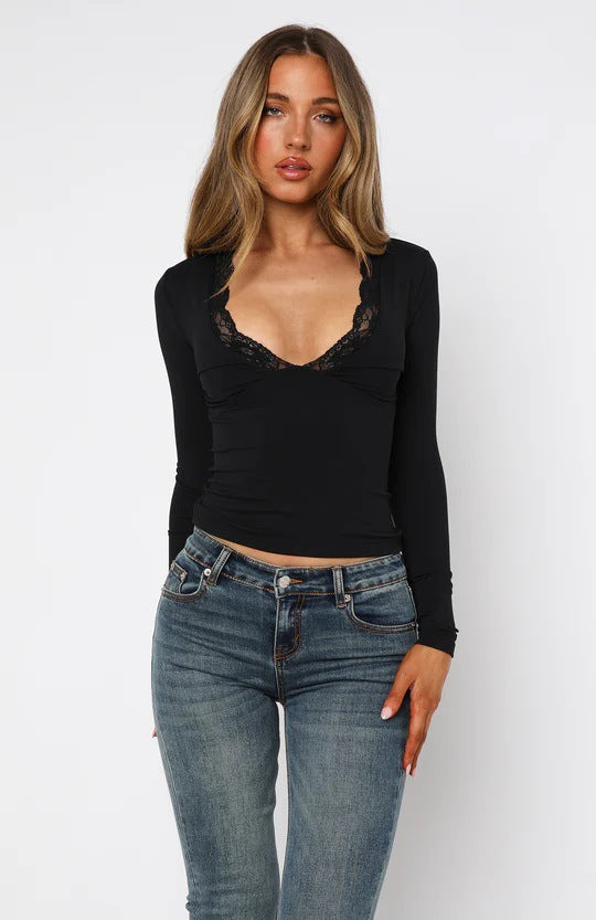 Fashion Slim-fit skulderlangærmet blondeblomst