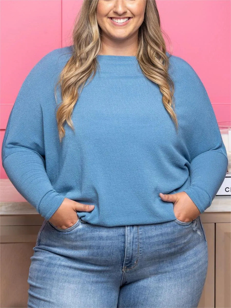 Plus Size Casual Ensfarvet Rundhalset Flagermusærme Høj Elastisk Sweater