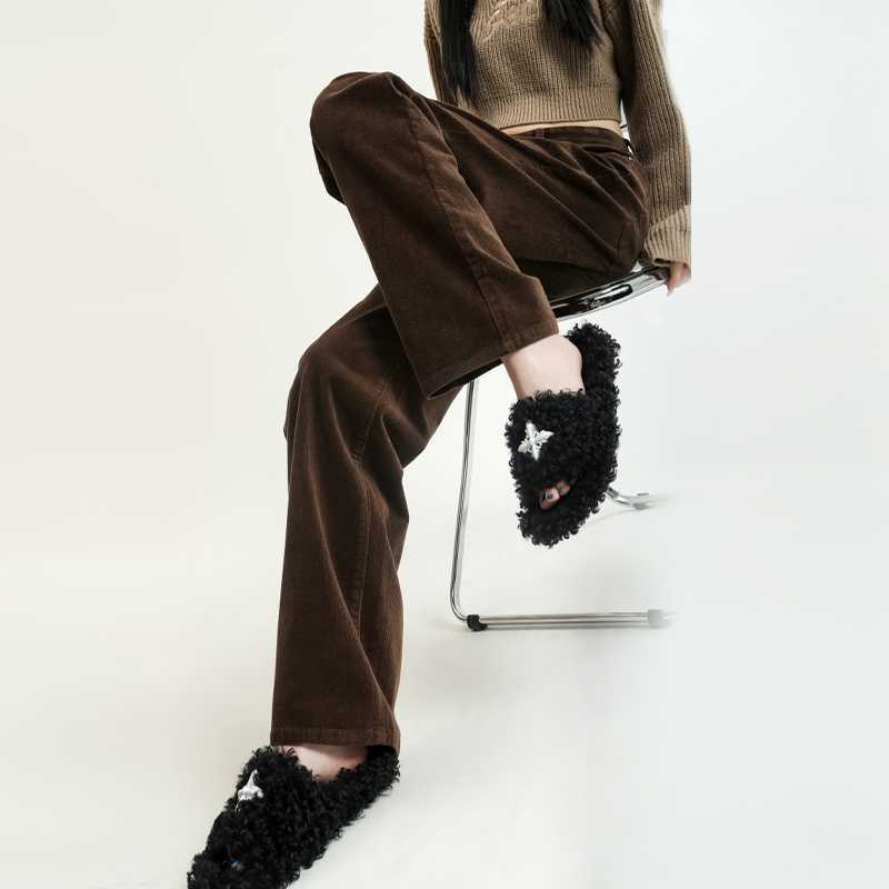 Winter Hot Coffee Brown Corduroy Wide-leg Pants Women