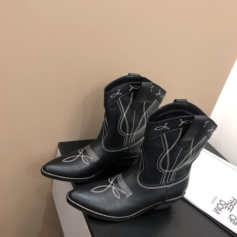 Retro Thick Heel Mid-tube Knight Boots With Pointed Embroidery Thread