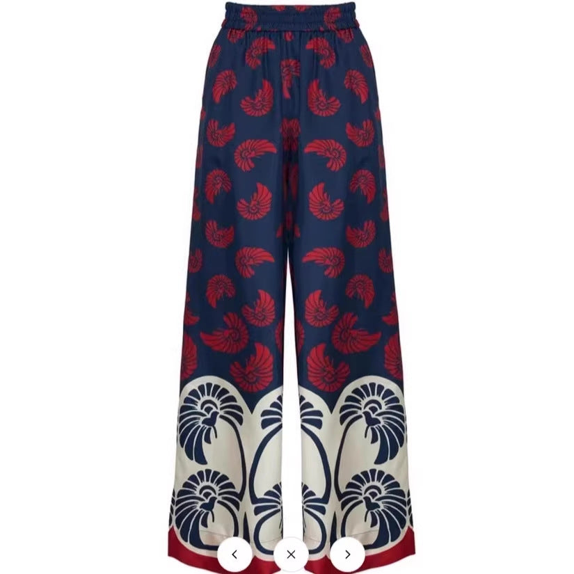 Printed Patchwork Peplum Shirt And Wide-Leg Pants Set