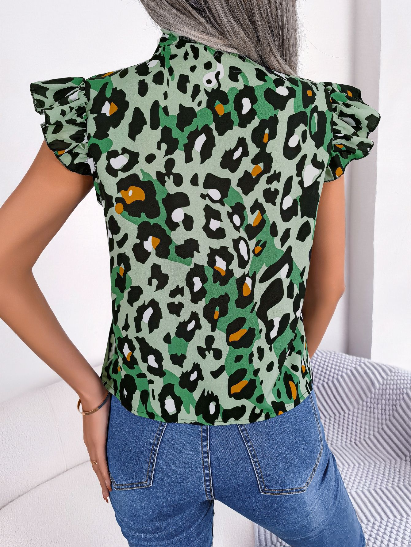 Women's Casual Leopard Print Ruffle Trim Tie Chiffon Blouse Top