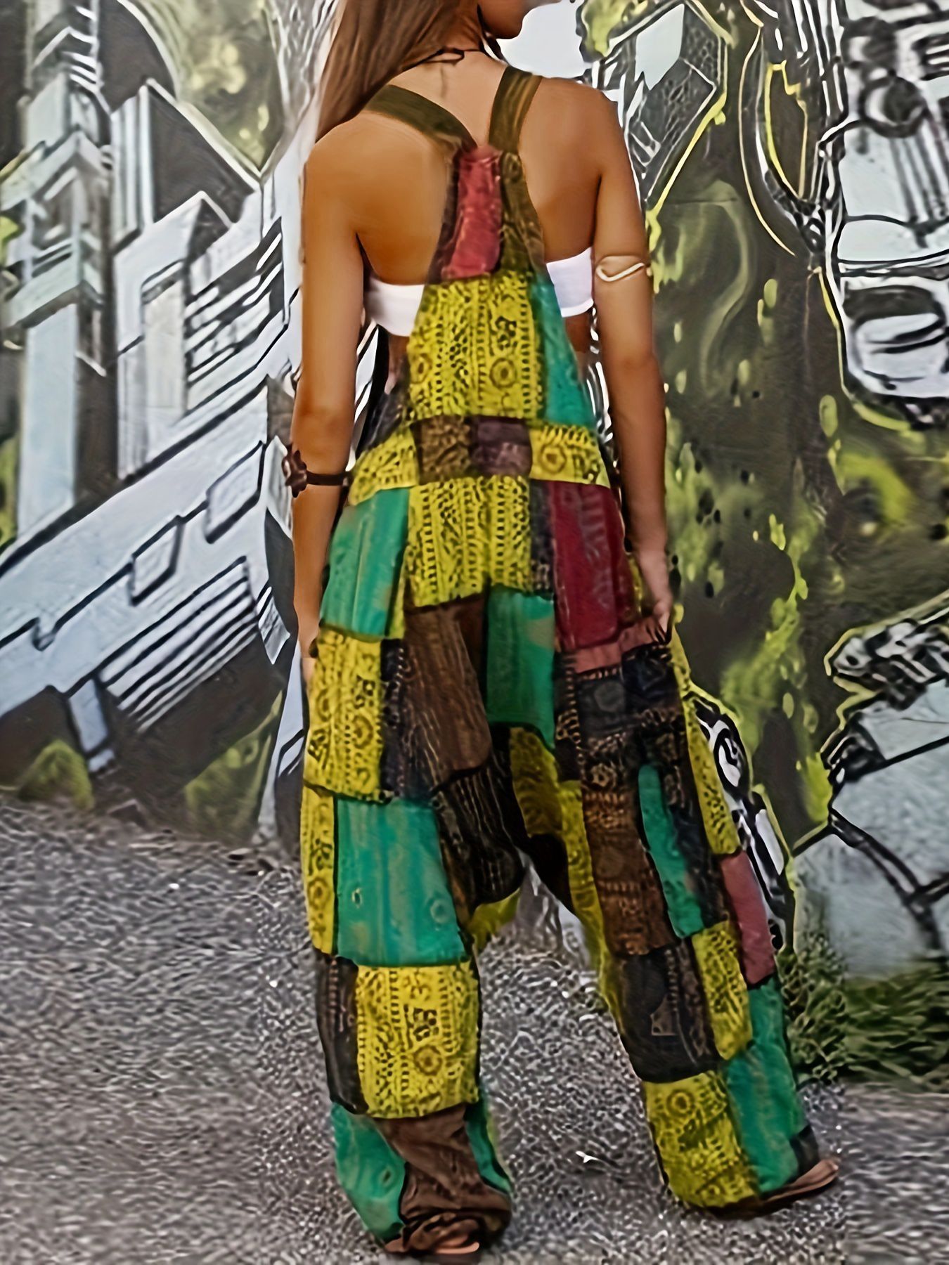 Hippie Stitching Printing Loose-fitting Overalls